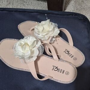 Rouge Helium Pale Pink Flip Flop Sandals with Ivory Floral Appliques